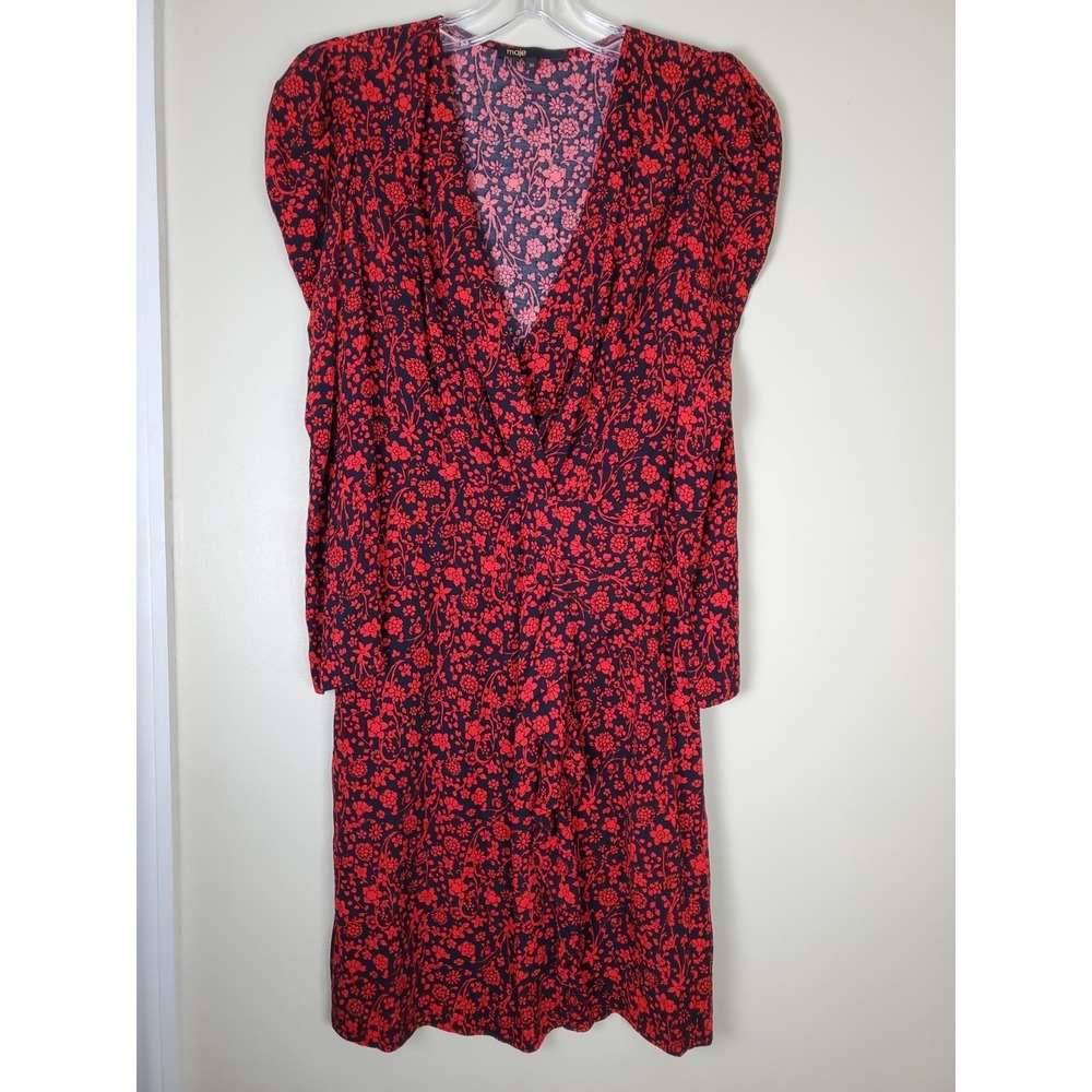 Maje Rapita Floral Short Dress Balloon Sleeve Deep V Neck Size 36 Small Medium